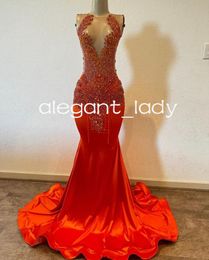 Orange Red Sparkly Trumpet Evening Gala Dresses for Women Luxury Diamond Tassel Afrian Prom Party Gown robes de soiree