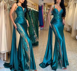 Elegant Aqua Evening Dresses Arabic Stylish Mermaid Spaghetti Straps Illusion Lace Satin Party Occasion Gowns Formal Prom Vestidos BC18222