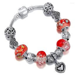 Charm Bracelets Boosbiy Crystal Red Heart Love & Family Charms Beads Bracelet With Flowers Pendant Fits Brand Jewellery Gift For Women