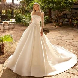 Изящное свадебное платье трапециевидной формы с кружевным вырезом и длинными рукавами, атласное свадебное платье с рюшами и шлейфом, церковное свадебное платье