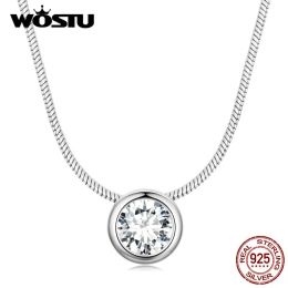 Necklaces WOSTU 925 Sterling Silver Simple Round Cubic Zirconia Charms Link Necklace For Women 18K Gold Snake Chain Necklaces Wedding Gift