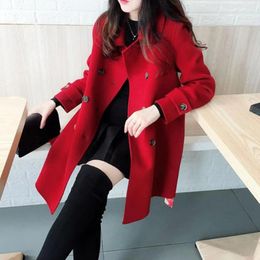 Women's Jackets Women Long Coat Warm Trench Vintage Woollen Double-breasted Mid-length Cardigan With Pockets For