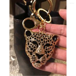 Keychains Clear CZ Cute Golden Leopard Head Keychain For Women Men Car Pendant Bijoux Accessory Girl Bag Key Chain Charm Ring Purse Keyfob