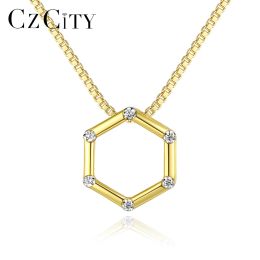 Necklaces CZCITY Trendy 18K Gold Plated Real 925 Silver Geometric Pendant Necklace for Women Small CZ Paved Original Christmas Gifts