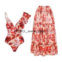 Women's Swimwear 2023 One Piece Swimsuit Women Cover-up with Skirt Kimono Flounce Chiffon Backless Dress Beachwear Female Bathing SuitH24220