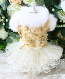 Dog Apparel Winter Fashion Clothes Pet Coat Dress Outwear Woolen Golden Flowers Warm Fur Collar Lace Skirt Poodle Maltese Chihuahua