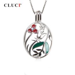 Pendants CLUCI 925 Sterling Silver Cage Pendant Beautiful Flower Oval Pendant Women Zircon Gemstone Pendant Wish Pearl Locket SC329SB