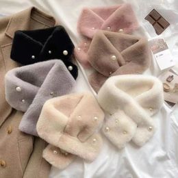 Scarves Imitation Otter Hair Scarf Women Korean Versatile Autumn Winter Solid Color Thickened Keep Warm Pearl Cross Neck