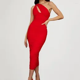 Casual Dresses Sexy Elegant Clubwear Party Dress Sleeveless Backless Inclined Shoulder Pleated High Waist Red Girls Summer Bodycon Sheath
