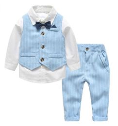 Spring Autumn Baby Boy Gentleman Suit White Shirt with Bow TieStriped VestTrousers 3Pcs Formal Kids Clothes Set24109040426