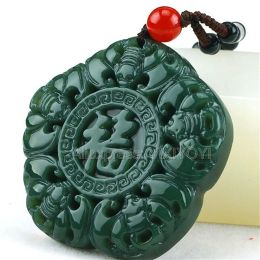 Pendants Natural Green HeTian Jade Carved Chinese Five Bat Fu Blessing Lucky Pendant + Rope Necklace for Man Amulet Charm Fine Jewelry