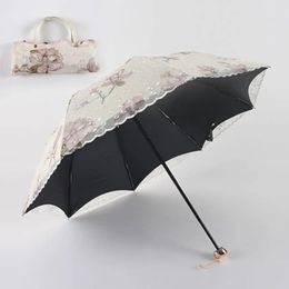 Embroidered Lace Double Layer UV Protection Sun UmbrellaRainSnow Folding Umbrella with Storage Bag 240219