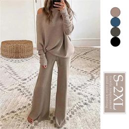 2pcs Autumn Winter Pant Suits Women Outfits Knitted Pullover off shoulder Top Wide Leg Pants Twopiece Set Tracksuits 240219