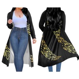 Adaptors Polynesian Tribal Samoan Hawaiian Black Yellow Print Custom Cardigan Lightweight Casual Coat Personality Women Kimono Island