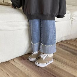 Trousers Children Clothes Girls Spring Autumn Korea Straight Pants Pearl Jeans Loose Casual Elastic Waist MID Solid For