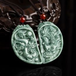 Pendants Jade Dragon Phoenix Couple Pendant Choker Vintage Amulet Natural Burmese Jadeite Jewellery Necklace Gemstone Charms Emerald