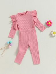 Clothing Sets Baby Girl Fall Clothes Solid Ribbed Ruffled Long Sleeve Tops Pants Set Casual 2 Pcs Outfit With Adorable Floral Print