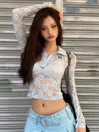 Women's T Shirts Y2k Aesthetic Lace Zipper Crop Top Clothing 2024 Fairy Grunge Core Fairycore Vintage Blouse Fashion See Through Hollow