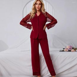 Women's Sleepwear 2024 Spring Summer Thin Lace Red Black Shirt V Neck Pajamas Womens Bathrobes Home Sleep Female Clothes 2 Piece Sets S M L