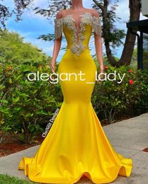 Yellow Sparkly African Mermaid Prom Gala Dresses for Women Luxury Crystal Applique Tassel Evening Gown robe de soiree
