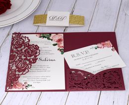 2020 Burgundy Rose Laser Cut Pocket Wedding Invitation with RSVP Card with Glitter Belt and Tag Quinceanera Invitation Graduation 8641516