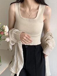 Women's Tanks HELIAR Women Square Neck Knitted Solid Tops Camisoles Off Shoulder Summer Highstreet Strappy Plain Tank Crop Top 2024