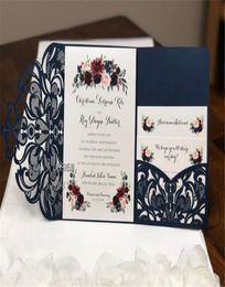 Gorgeous Navy Lace TriFold Laser Cut Wedding Invitations Pocket Wedding invitation Die Cut Laser Cut Shimmer Jacket With RSVP Car2087668