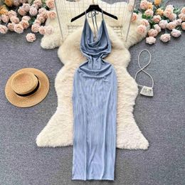 Casual Dresses Summer Sexy Lace Up Halter Swinging Collar Sleeveless Bodycon Long Dress For Women Solid Bandage Open Back Slim Club Party