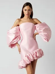 Party Dresses Sexy Puff Sleeves Slim Tierred Mini Dress Women Elegant Pink Off Shoulder Asymmetric Ruffle Celebrity Club