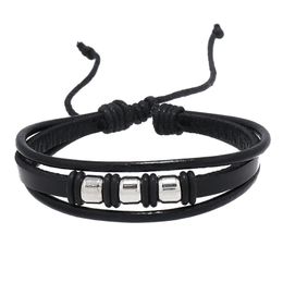 Handmade Black Color Rope Braided Leather Beaded Charm Bracelets Retro Adjustable Alloy Jewelry For Men