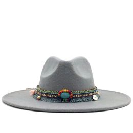 Hats New Men Women Wide Big Brim Wool Felt Fedora Panama Hat with Belt Jazz Trilby Cap Party Formal Top Hat in Gray,black
