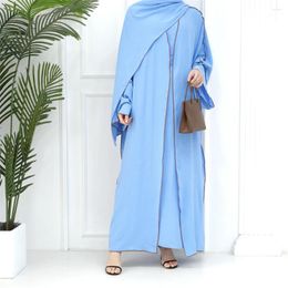 Ethnic Clothing Kimono Abaya Solid Colour Middle Eastern Muslim Dubai Cardigan Robe For Women Contrast Patchwork Trim Islamic Eid