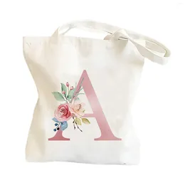 Storage Bags Canvas Washable With Handles Foldable Large Capacity Christmas Women Birthday Shopping Bag Floral Initial A Reusable Travel