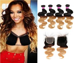 Peruvian Virgin Body Wave Hair Bundles Ombre Hair 3 4 Bundles With Closure Blonde Lace Closure With Bundles 1B27 Human Hair Exten8760207