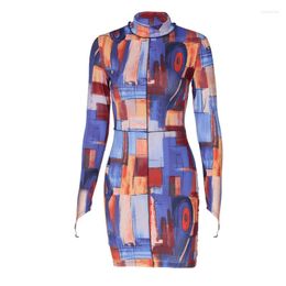 Casual Dresses Women's Oil Painting Printed Short Skirt Fashion Long Sleeve High Neck Elegant Buttocks Wrapped Dress Mini