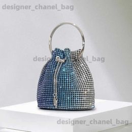Totes Fashion Gradient Diamonds Bucket Bag Rhinestones Women Handbag Luxury Shinny Shoulder Crossbody Bags Glitter Evening Party Purse T240220