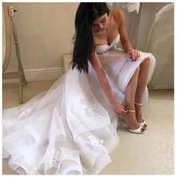White Lace Appliques Hi Low Wedding Dresses Sweetheart Lace Up Back ruched Front Short Long Back Wedding Gowns robe de mariee