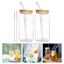 Wine Glasses 2 Sets Coffee Mug With Lid Portable Water Cup Juice Glass Iced Bamboo Beverage Milk Clear
