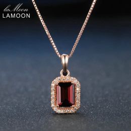 Necklaces LAMOON 925 Sterling Silver Necklace Rectangular Red Garnet Gemstone Pendant 18K Rose Gold Plated Fine Jewellery LMNI053