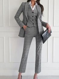 Women Elegant Formal Business Blazer 3 Pieces Suit Office Work Plaid Jacket Vest Pantsuit Korean Fashion Female Vintage Outfits 240219