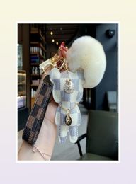 Designer keychain bear leather fur ball charm key chain car pendant metal fashion personality creative couple checkered variety of1089456