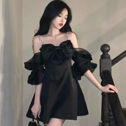 Dresses Deeptown Korean Style Mini Black Dress Women Fairycore Off Shoulder Party Dresses Y2k Cute One Piece Short Sleeve Tunic Vestidos