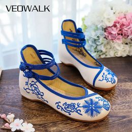 Veowalk Handmade Spring Floral Embroidered Women Canvas Ballet Flats High Top Ankle Strap Vintage Ladies Cotton Casual Shoes 240220