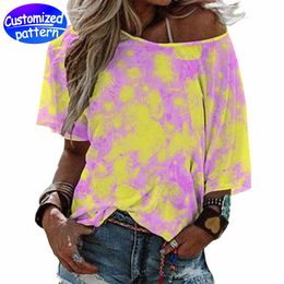 Women's custom loose mid-sleeve one-line collar T-shirt HD pattern fashion match loose mid-sleeve design 95% polyester +5% spandex 223g color contrast