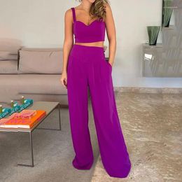 Women's Two Piece Pants Wepbel Tops Women High Waist Trousers 2 Sets Outfits Tank Sexy V-neck Strap Loose Camis Wide Leg Suit