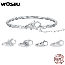 Bangles WOSTU Real 925 Sterling Silver Basic Snake Bangle Bracelet Butterfly Flower Closure For DIY Charms Bead Jewelry Make Gift