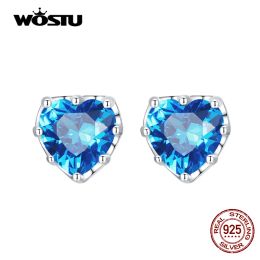 Earrings WOSTU Real 925 Sterling Silver Exquisite Heart Ear Studs Earrings for Women Shiny Blue Zircon Earrings Fine Wedding Jewellery Gift