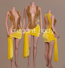 Yellow Sparkly Mini Evening Cocktail Dresses for Women Luxury Diamond Crystal Sheer Mesh Birthday Gala Gown Black Girl