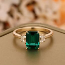 Rings CxsJeremy Solid 14K Yellow Gold 6*8mm Lab Emerald Engagement Ring Three Stone Moissanite Wedding Band For Women Anniversary Gift