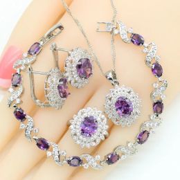 Sets Purple Amethyst Dubai Silver 925 Bridal Jewellery Sets For Women Bracelet Hoop Earrings Necklace Pendant Rings Best Gift